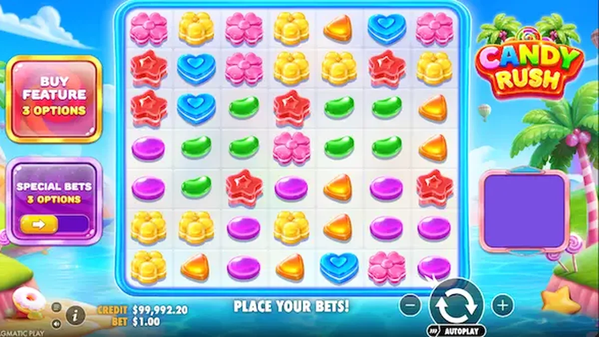 Tampilan visual slot Candy Rush dengan latar belakang tropis yang penuh warna